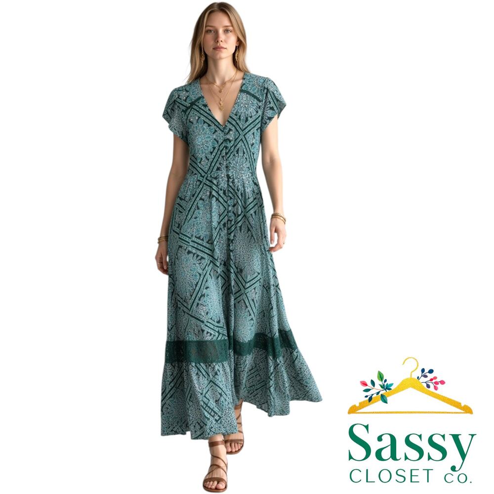 APRICOT Turquoise Black Tiered Lace Maxi Dress 8 UK 12 Boho Paisley Pockets EUC
